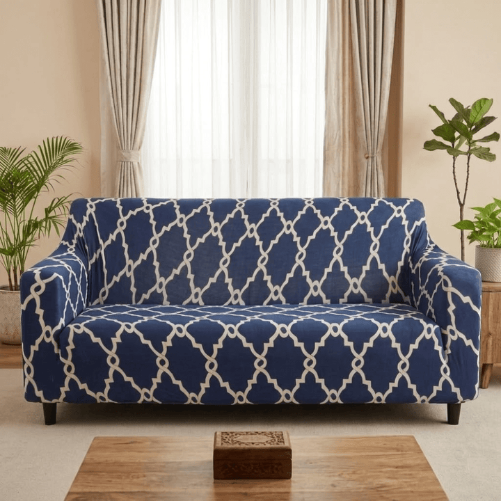 Dark Blue Lantern Elastic Fitted Printed Sofa Cover - Stretchable & Premium Quality