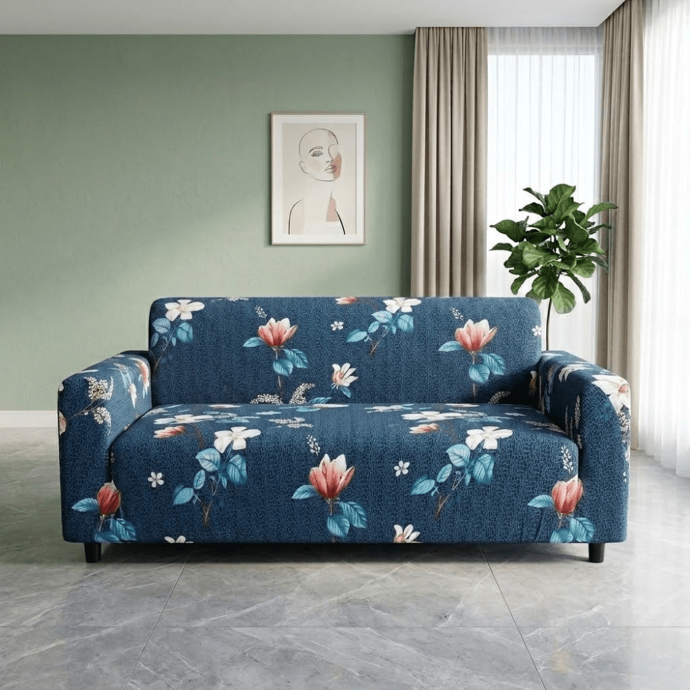 Dark Blue Lotus Elastic Fitted Printed Sofa Cover - Stretchable & Premium Quality elastic fitted printed sofa cover Great Happy IN 3 Seater 