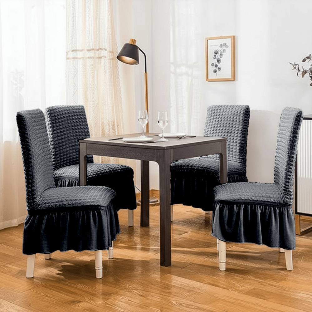 Bubble Frill Chair Cover- Stretchable & Elastic Fitted Great Happy IN Bubble Frill Grey 4 PCS - ₹1799 