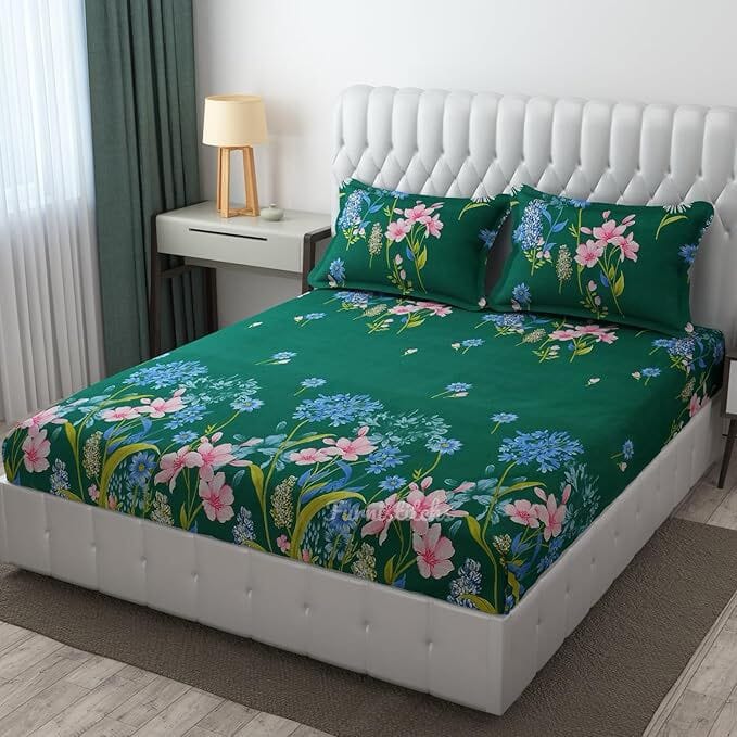 Cotton Elastic Fitted Bedsheet - Fits with any Beds & Mattresses Great Happy IN Emerald Blossom KING SIZE 