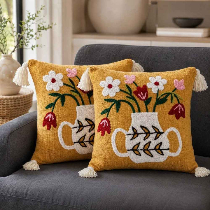 Artisan Embroidered Cushion Covers cushion cover Great Happy IN Flower Pot Pack of 2 (₹450 per pcs) 