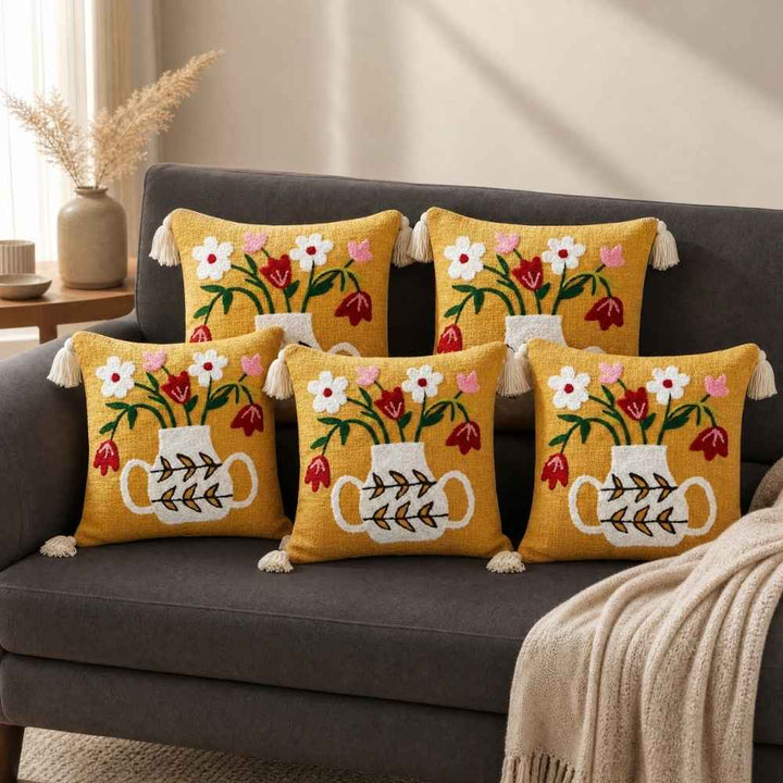 Artisan Embroidered Cushion Covers cushion cover Great Happy IN Flower Pot Pack of 5 (₹375 per pcs) 