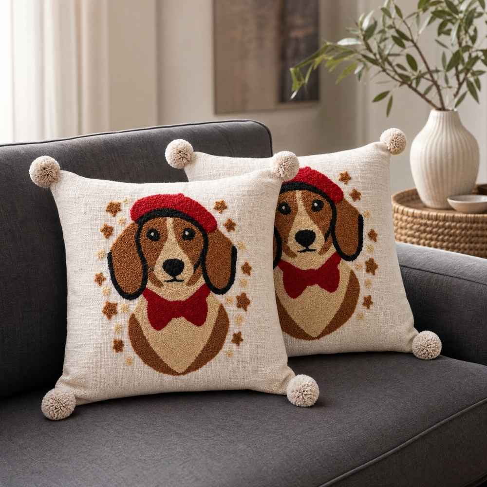 French Dog Artisan Embroidered Cushion Covers 16 × 16