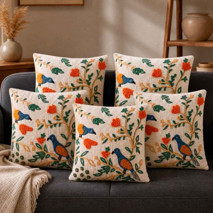 Garden Birds Artisan Embroidered Cushion Covers 16 × 16