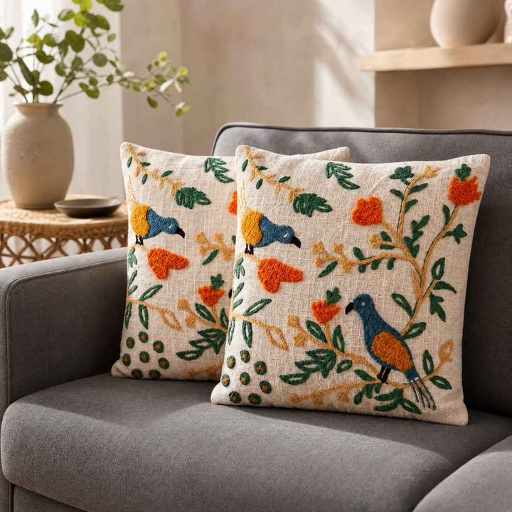 Garden Birds Artisan Embroidered Cushion Covers 16 × 16