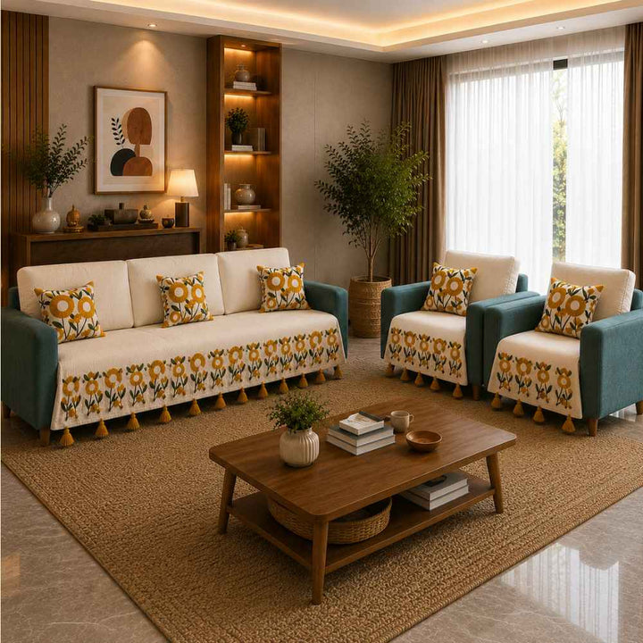Genda Tufted Jute Look Cotton Sofa Cover jute sofa cover Great Happy IN 3+1+1 Seater 