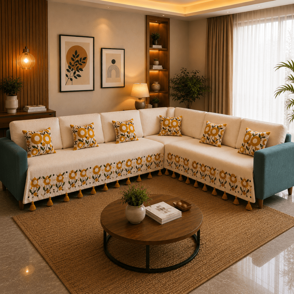 Jute Cotton Sofa Cover jute sofa cover Great Happy IN Genda Tufted 3+3(L SHAPE) 