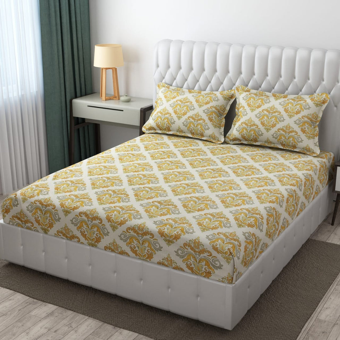 Cotton Elastic Fitted Bedsheet - Fits with any Beds & Mattresses Great Happy IN Golden Royale DOUBLE BED 