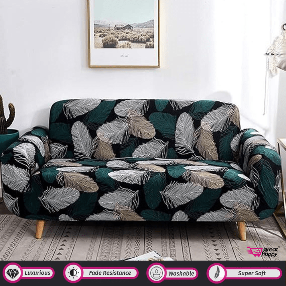 Elastic Fitted Printed Sofa Cover - Stretchable & Premium Quality Great Happy IN Single Seater(90-145cm) - ₹1599 Green Fern Sofa Cover 
