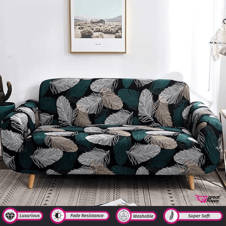 Elastic Fitted Printed Sofa Cover - Stretchable & Premium Quality Great Happy IN Single Seater(90-145cm) - ₹1599 Green Fern Sofa Cover 