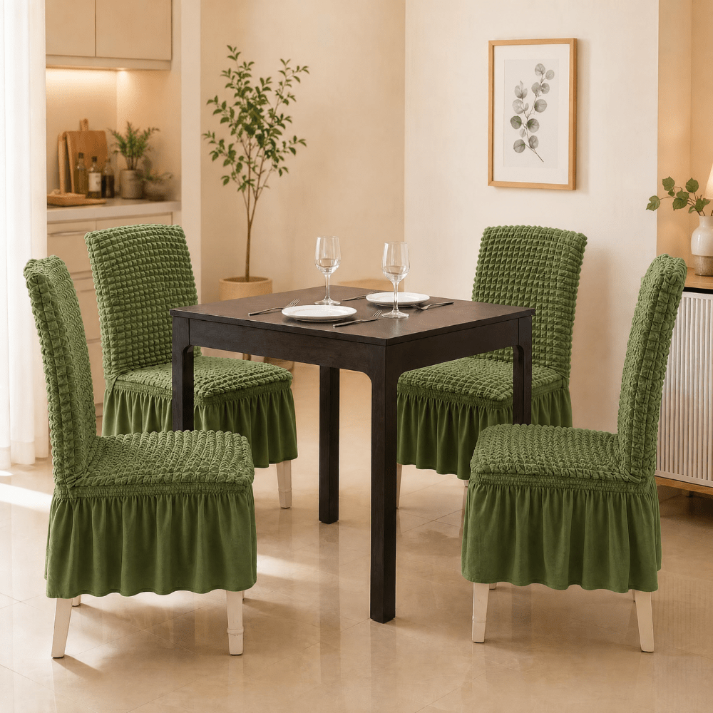 Bubble Frill Stretchable & Wrinkle-Free Chair Cover Great Happy IN Bubble Frill Green 4 PCS (₹450 per pcs) 