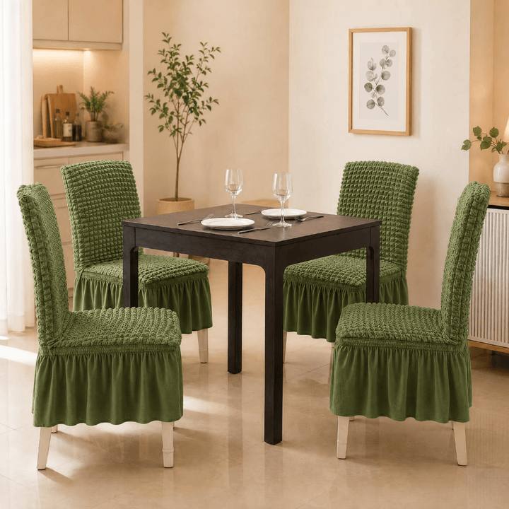 Bubble Frill Stretchable & Wrinkle-Free Chair Cover Great Happy IN Bubble Frill Green 4 PCS (₹450 per pcs) 