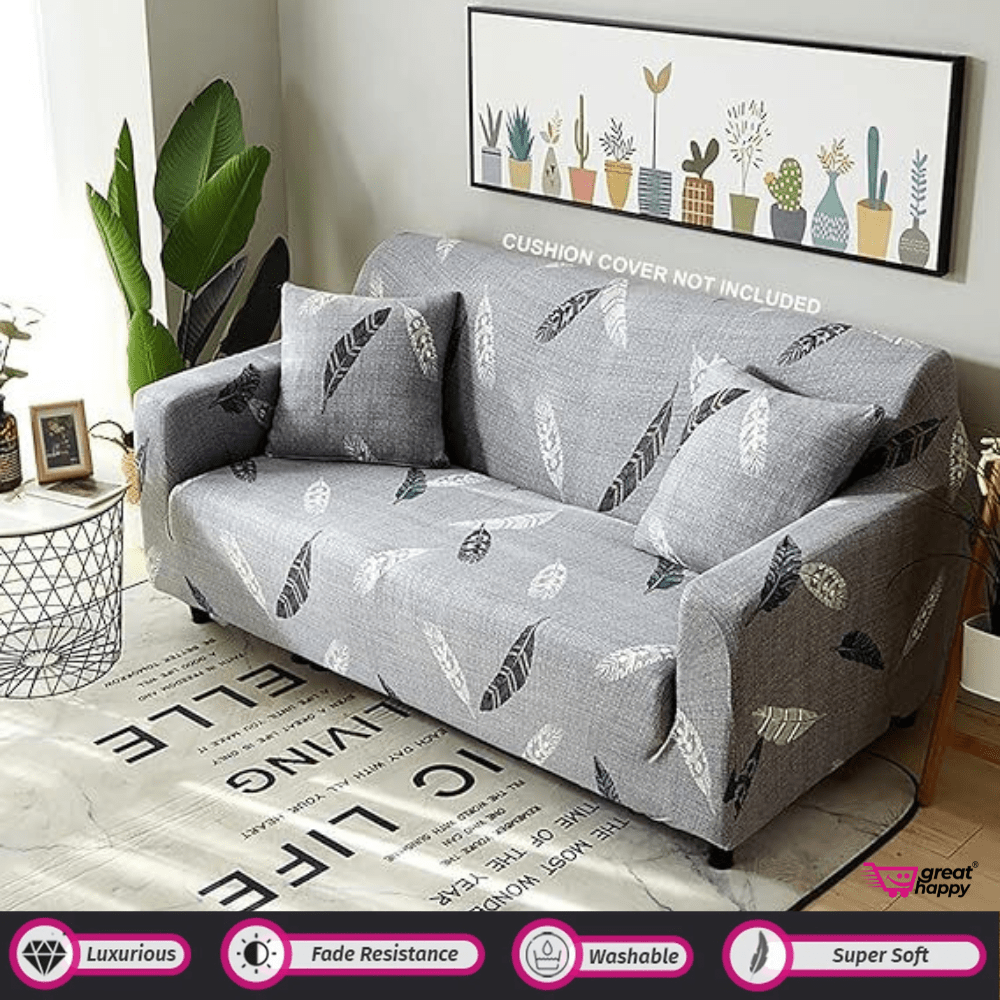 Elastic Fitted Printed Sofa Cover - Stretchable & Premium Quality Great Happy IN Single Seater(90-145cm) - ₹1599 Grey Fern Sofa Cover 