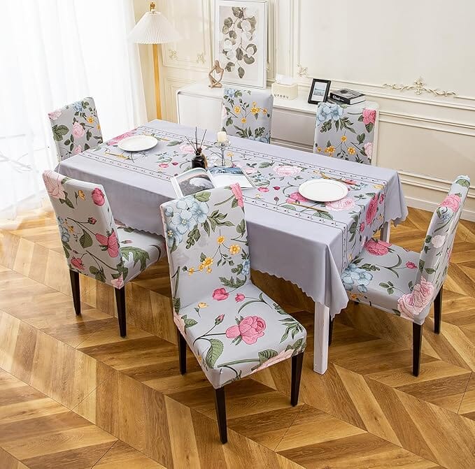 Premium Dining Table & Chair Cover Combo Great Happy IN 4 PCS - ₹1599 Grey Rose 