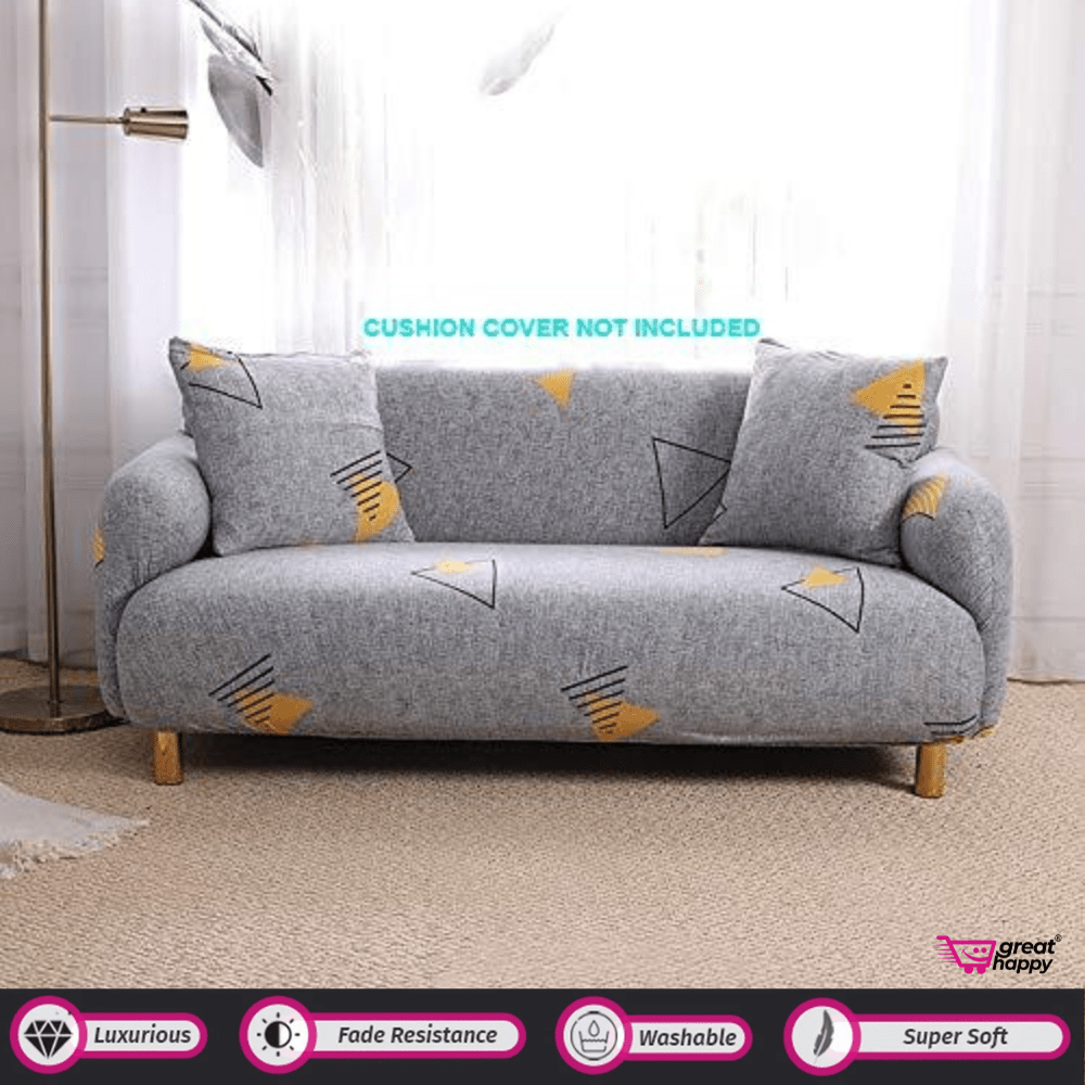 Elastic Fitted Printed Sofa Cover - Stretchable & Premium Quality Great Happy IN Single Seater(90-145cm) - ₹1599 Grey Yellow Triangle Sofa Cover 