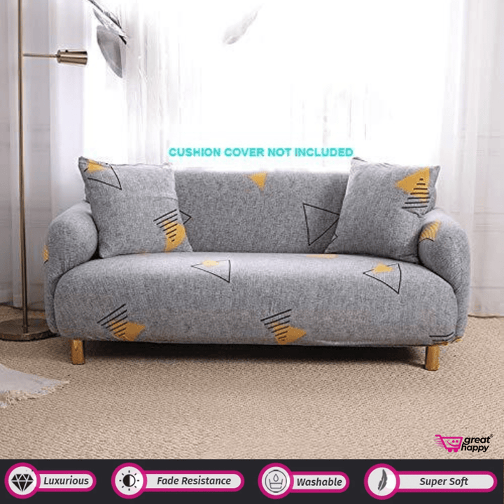 Elastic Fitted Printed Sofa Cover - Stretchable & Premium Quality Great Happy IN Single Seater(90-145cm) - ₹1599 Grey Yellow Triangle Sofa Cover 