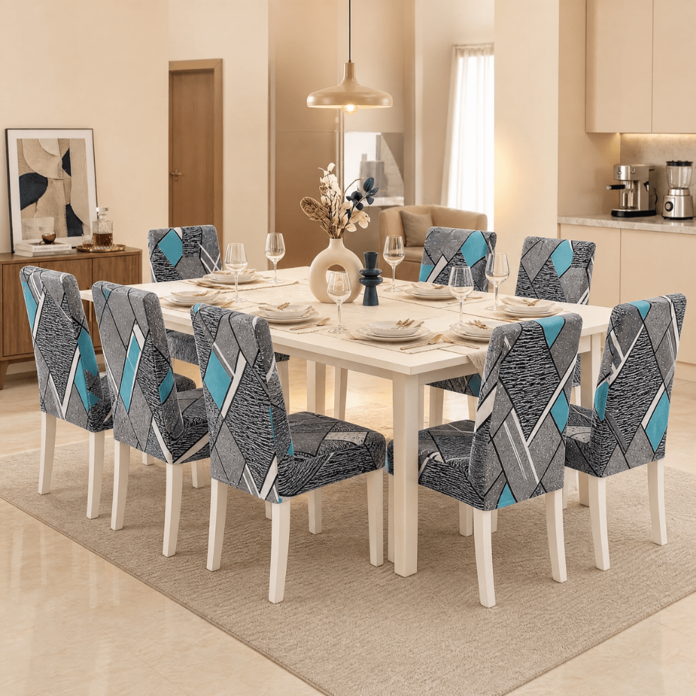 Premium Chair Cover - Stretchable & Elastic Fitted Great Happy IN Grey Blue Prism 8 PCS (₹262 per pcs) 