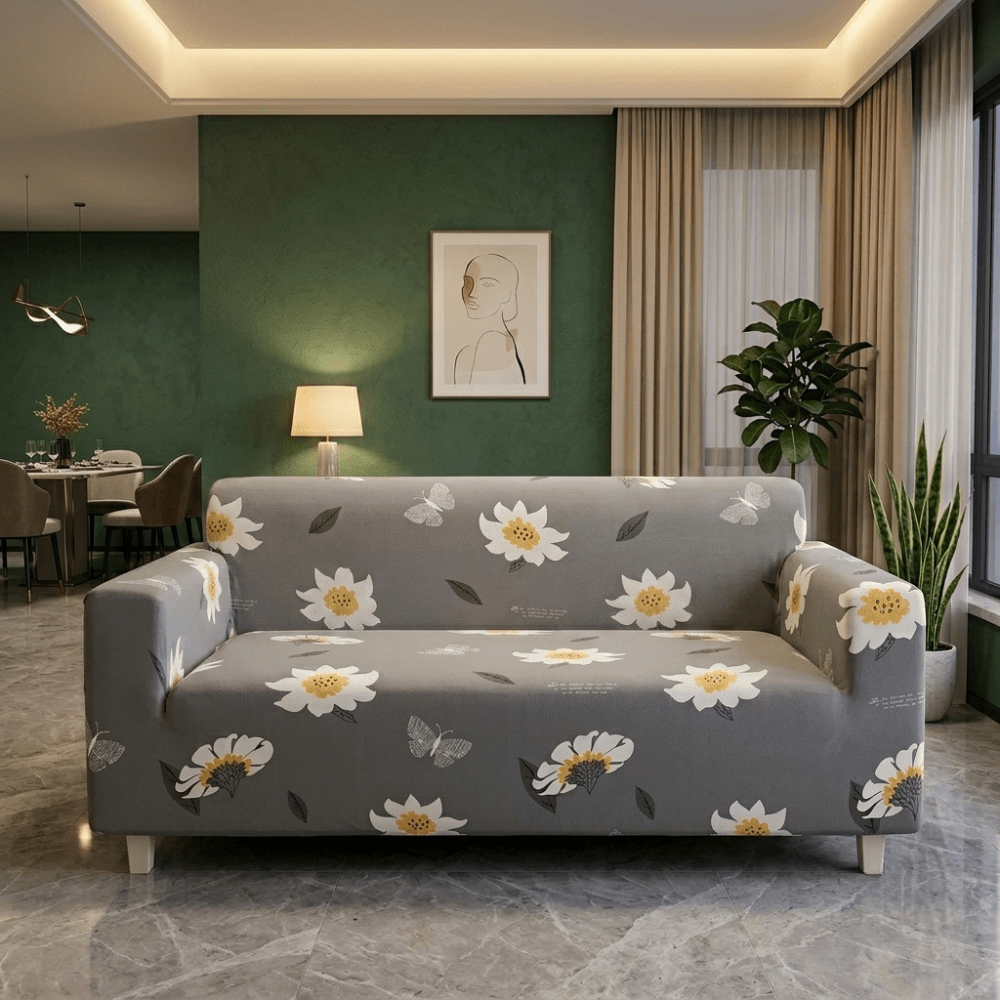 Grey Jasmin Elastic Fitted Printed Sofa Cover - Stretchable & Premium Quality