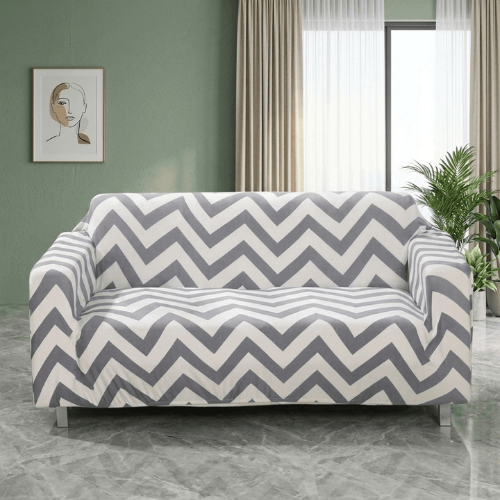 Grey Zigzag Elastic Fitted Printed Sofa Cover - Stretchable & Premium Quality