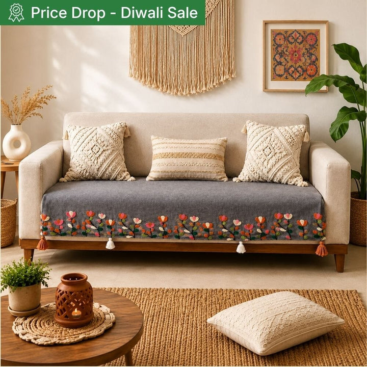 Gulmohar Grey Jute Look Cotton Sofa Cover jute sofa cover Great Happy IN 3 Seater 