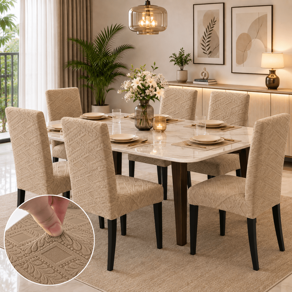 Heritage Jacquard Chair Cover- Stretchable & Elastic Fitted jacquard chair cover Great Happy IN Heritage Khaki 4 PCS (₹450 per pcs) 