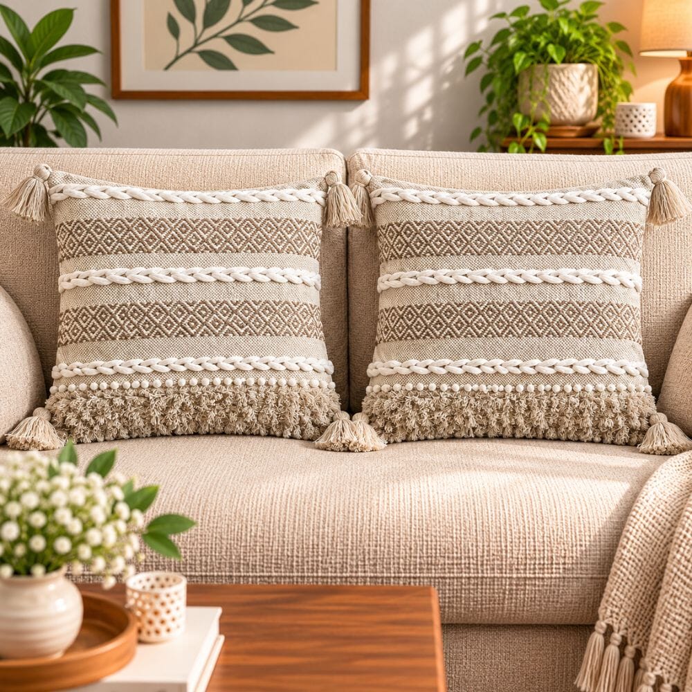 Artisan Embroidered Large Cushion Covers 24x24 Inch cushion cover Great Happy IN Ivory Braid Pack of 2 (₹650 per pcs) 