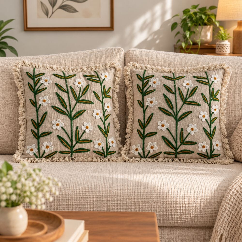 Artisan Embroidered Cushion Covers cushion cover Great Happy IN Ivory Meadow Pack of 2 (₹450 per pcs) 