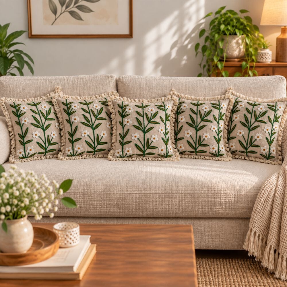 Ivory Meadow Artisan Embroidered Cushion Covers 16 × 16 cushion cover Great Happy IN Ivory Meadow Pack of 5 (₹375 per pcs) 