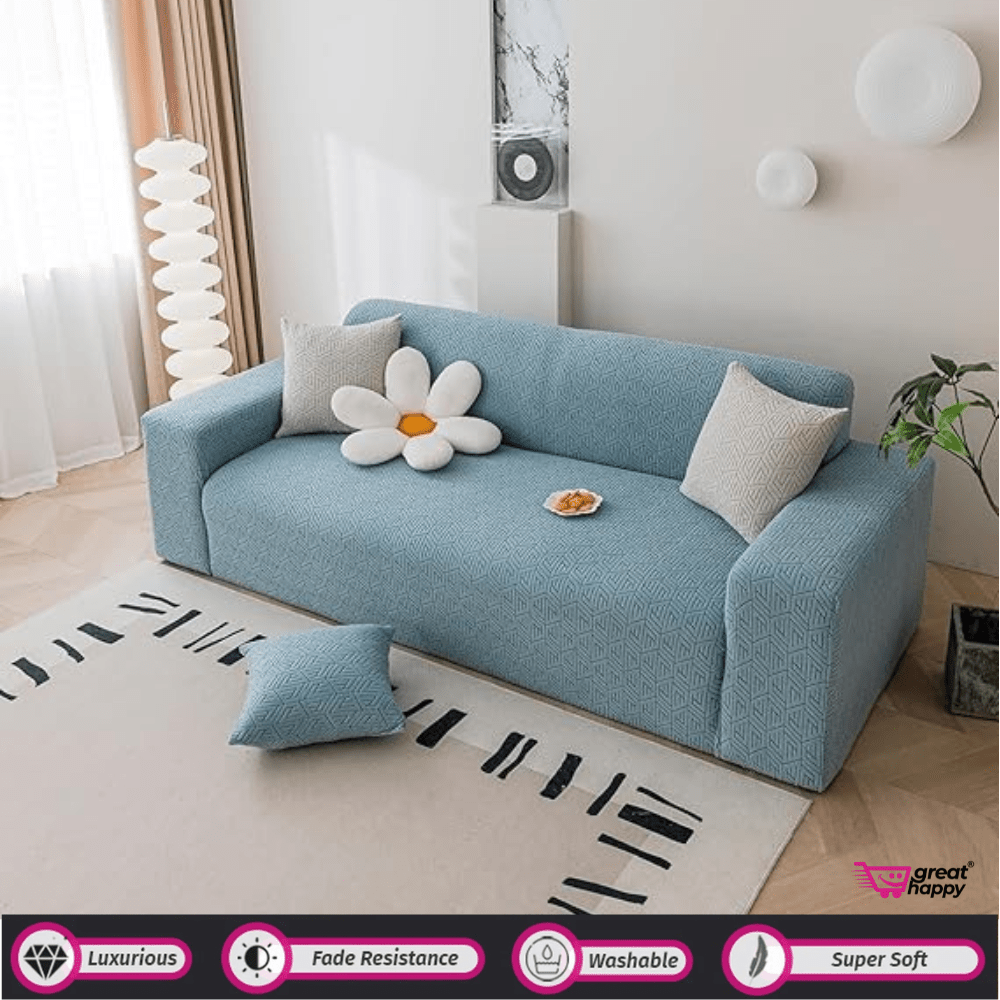 Grain Texture Jacquard Sofa Cover Great Happy IN Light Blue 1 Seater 