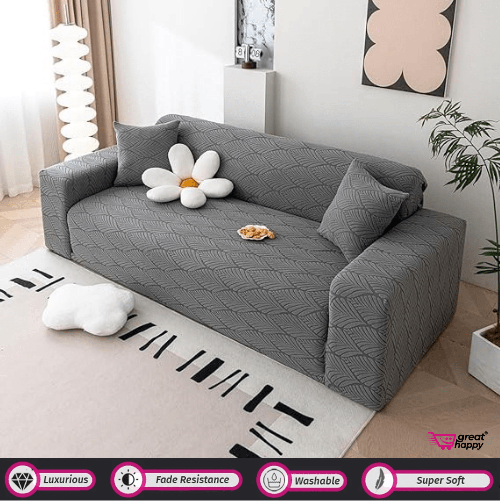 Leaf Texture Jacquard Sofa Cover Great Happy IN Charcoal 1 Seater 