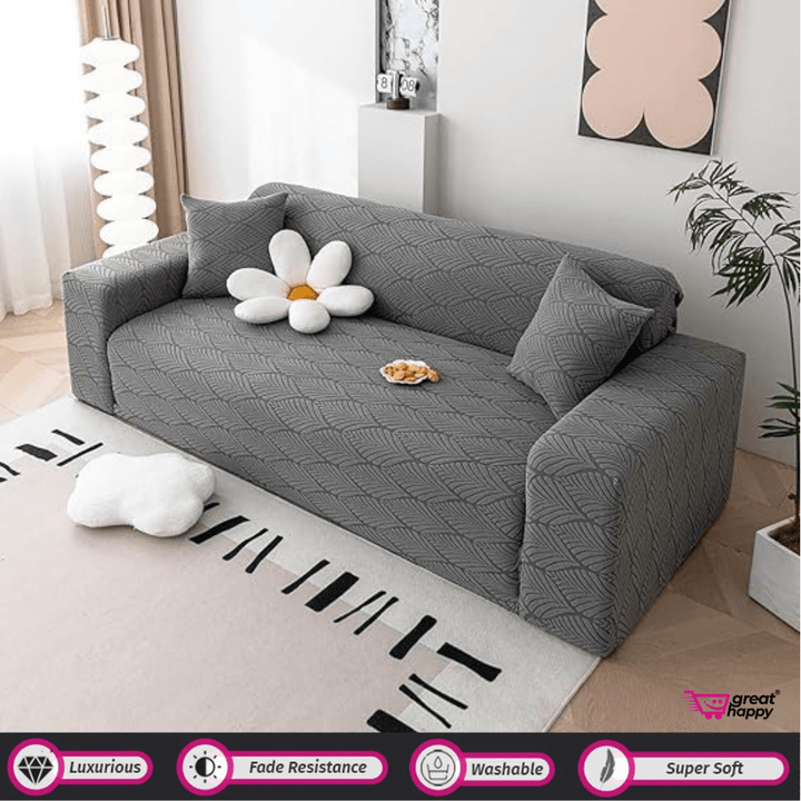 Leaf Texture Jacquard Sofa Cover Great Happy IN Charcoal 1 Seater 