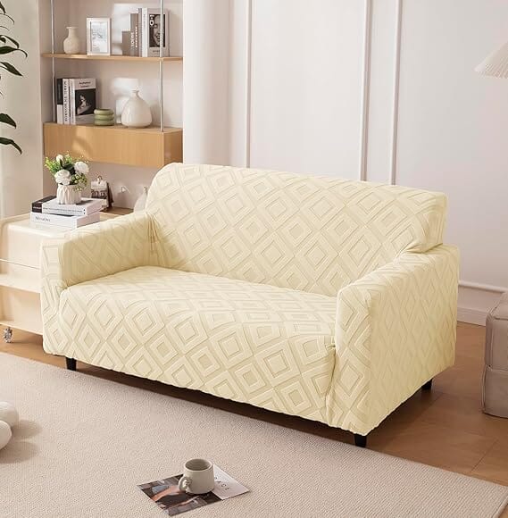 Beige Diamond Texture Jacquard Sofa Cover Great Happy IN 2 Seater 