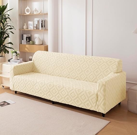 Diamond Texture Jacquard Sofa Cover Great Happy IN Beige Diamond Texture 1 Seater 