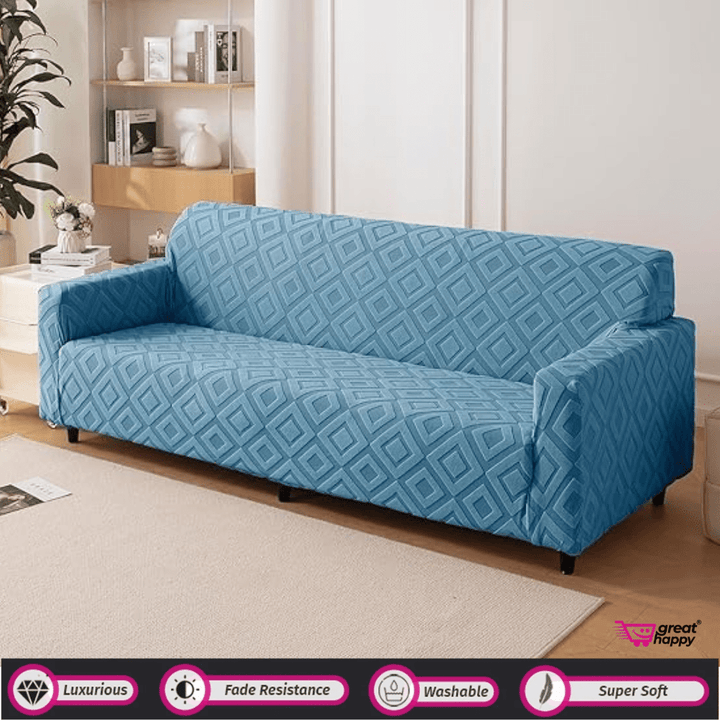 Diamond Texture Jacquard Sofa Cover Great Happy IN Blue 1 Seater 
