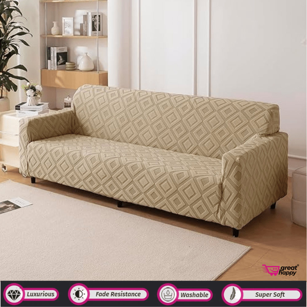 Diamond Texture Jacquard Sofa Cover Great Happy IN Camel 1 Seater 