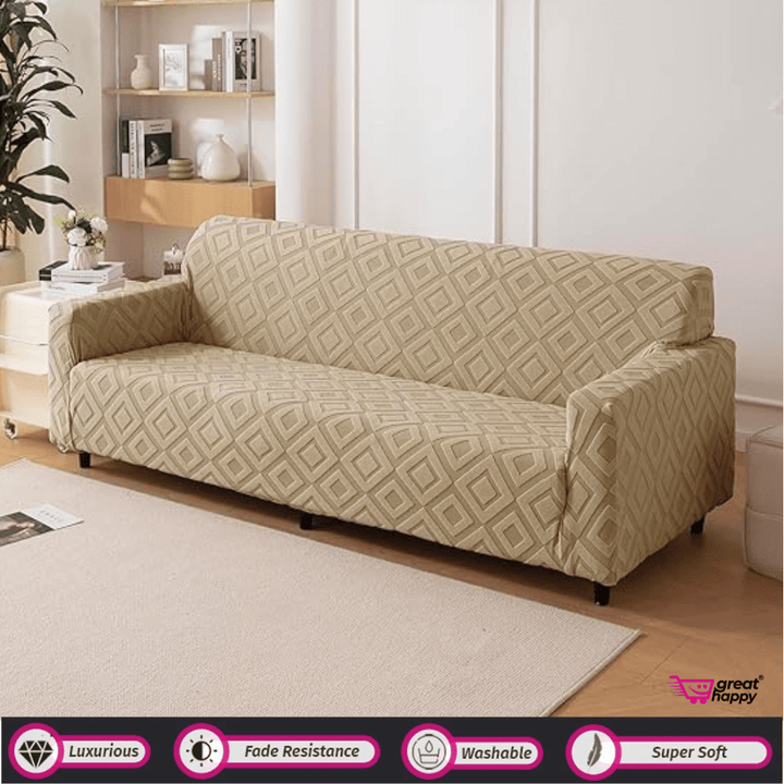 Diamond Texture Jacquard Sofa Cover Great Happy IN Camel 1 Seater 