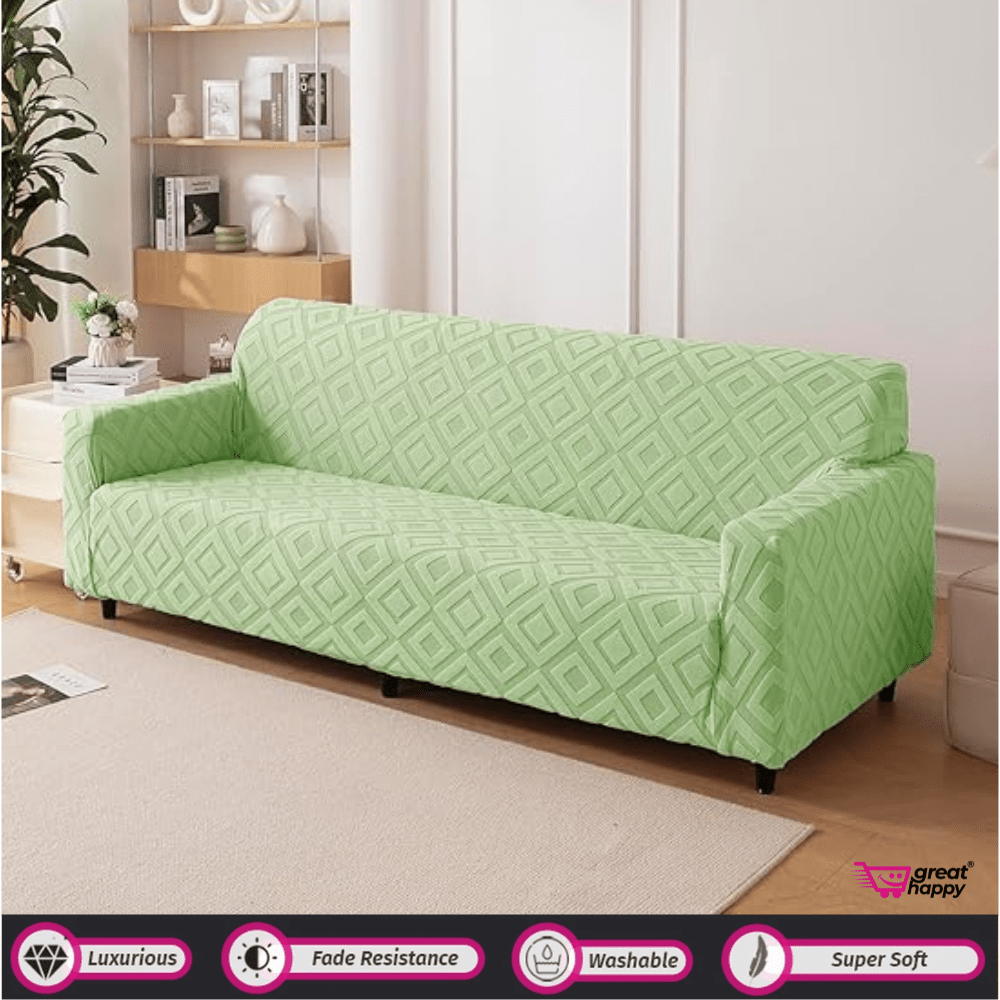 Diamond Texture Jacquard Sofa Cover Great Happy IN Green 1 Seater 