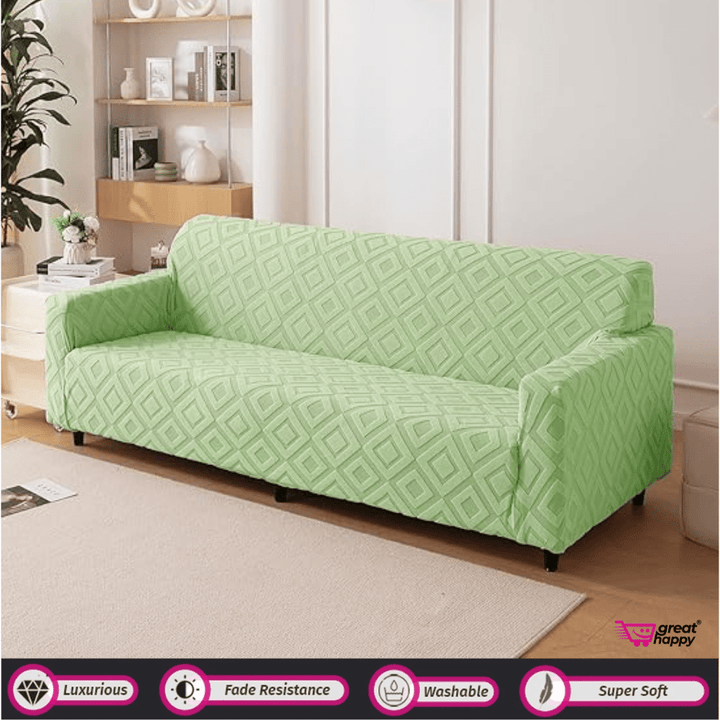 Diamond Texture Jacquard Sofa Cover Great Happy IN Green 1 Seater 
