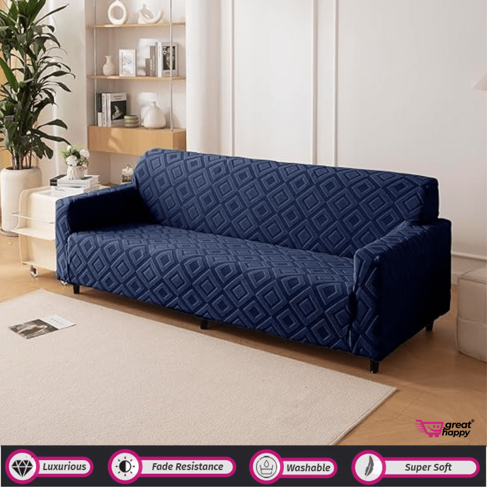 Diamond Texture Jacquard Sofa Cover Great Happy IN Navy 1 Seater 