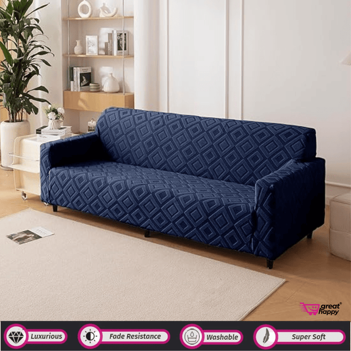 Diamond Texture Jacquard Sofa Cover Great Happy IN Navy 1 Seater 