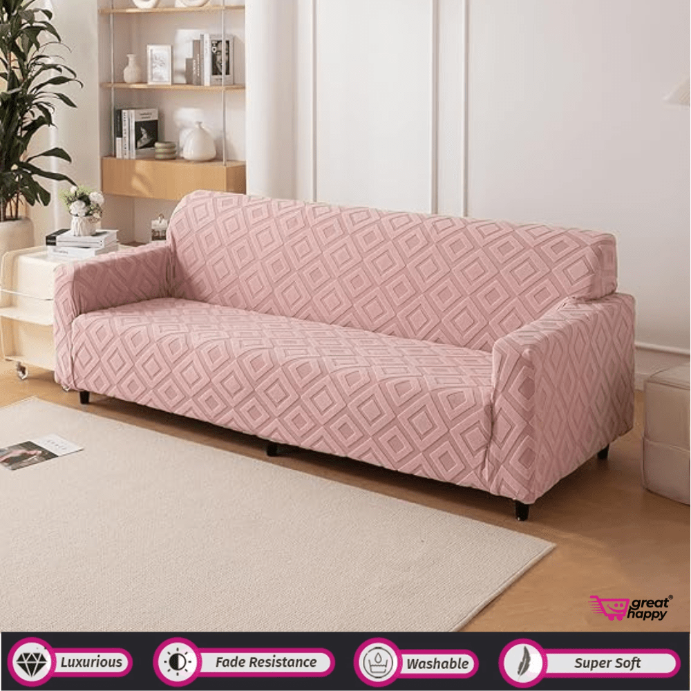 Diamond Texture Jacquard Sofa Cover Great Happy IN Pink 1 Seater 