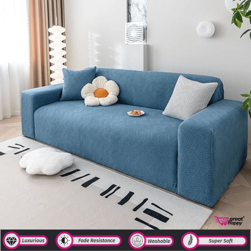 Plaid Texture Jacquard Sofa Cover Great Happy IN Blue 1 Seater 