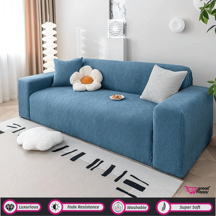 Plaid Texture Jacquard Sofa Cover Great Happy IN Blue 1 Seater 