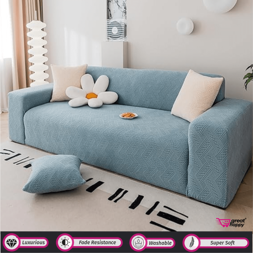 Plaid Texture Jacquard Sofa Cover Great Happy IN Light Blue 1 Seater 