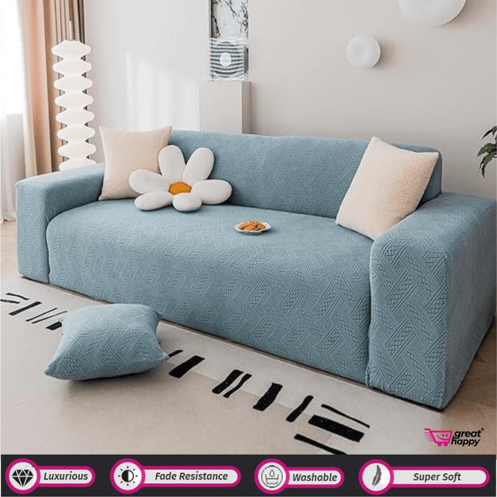 Plaid Texture Jacquard Sofa Cover Great Happy IN Light Blue 1 Seater 