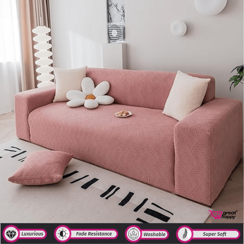 Plaid Texture Jacquard Sofa Cover Great Happy IN Pink 1 Seater 