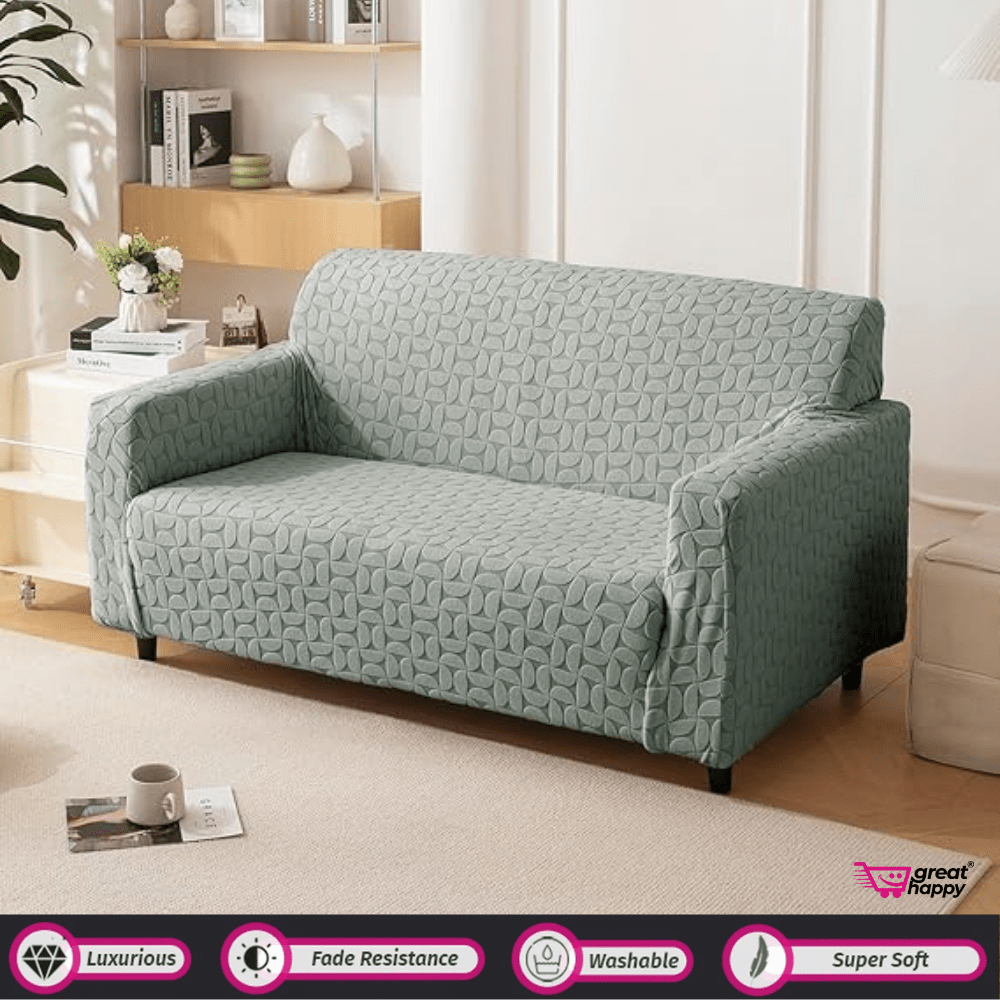 3D Leaf Jacquard Sofa Cover Great Happy IN Stone 1 Seater 