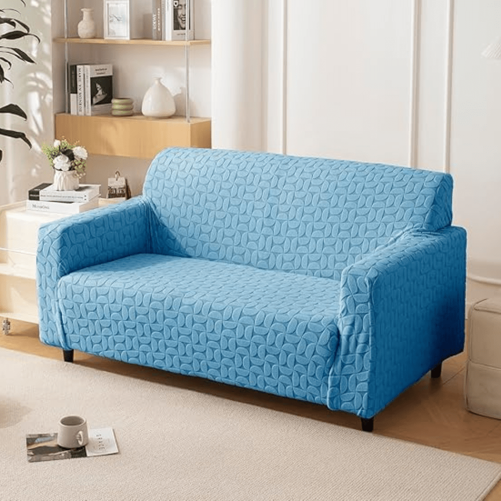 Blue 3D Leaf Jacquard Sofa Cover Great Happy IN 2 Seater 