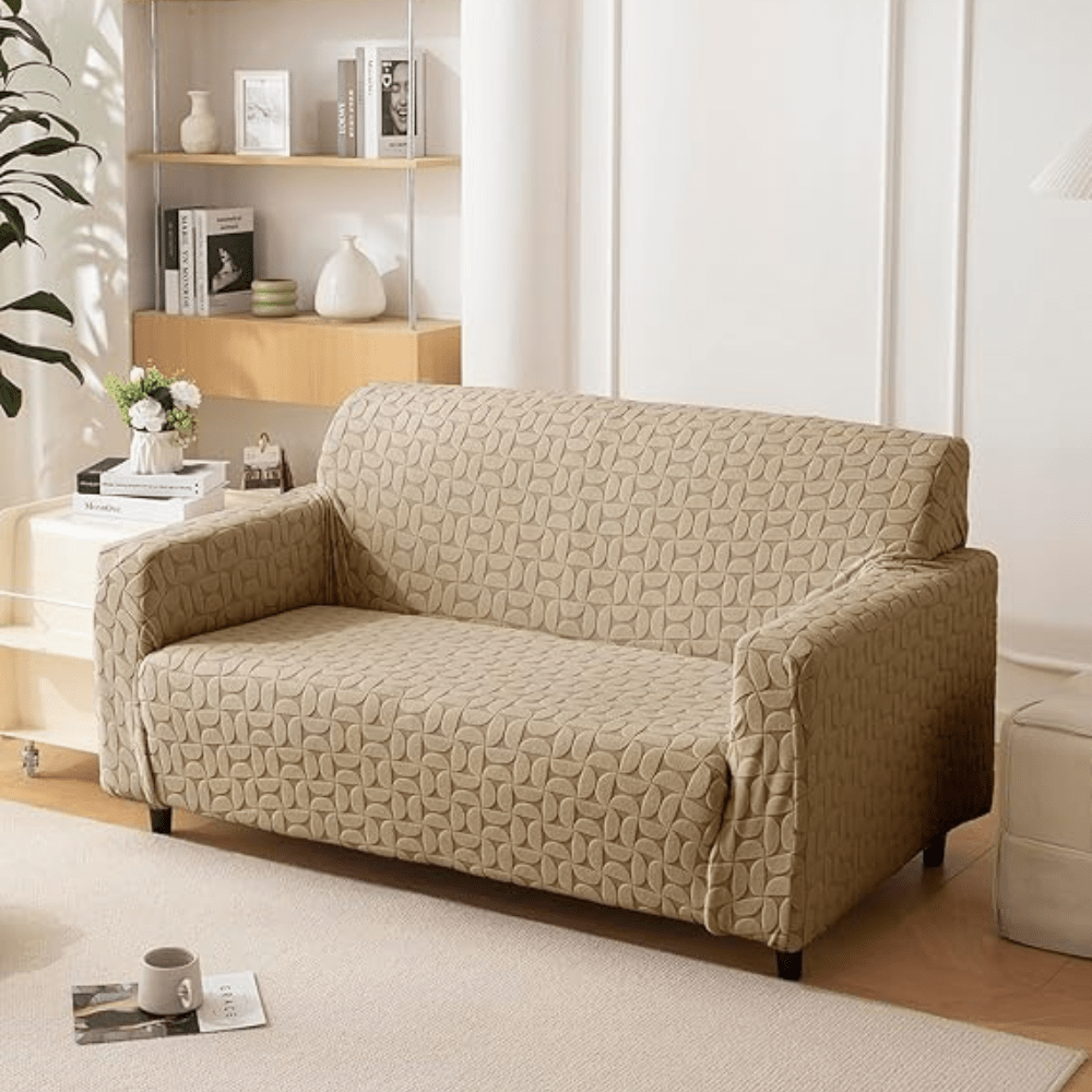 Camel 3D Leaf Jacquard Sofa Cover Great Happy IN 2 Seater 
