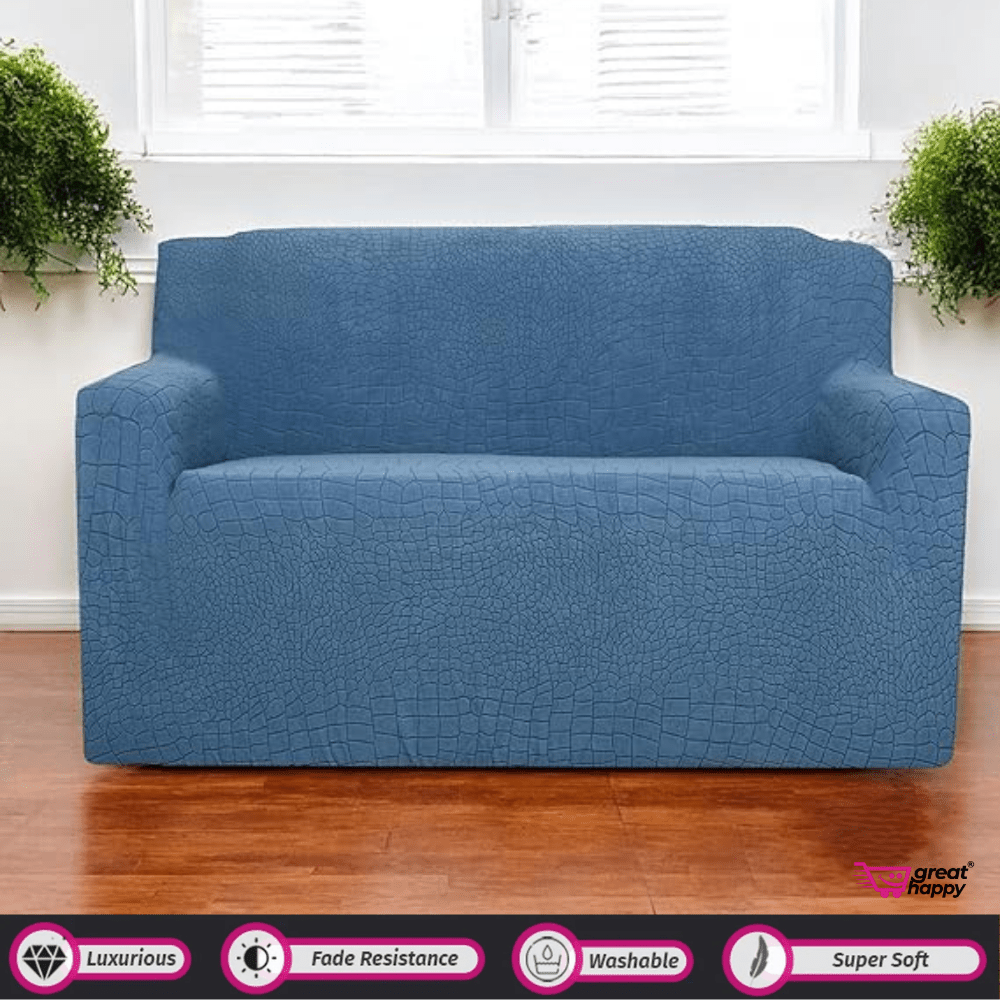 Crocodile Fabric Jacquard Sofa Cover Great Happy IN Blue 2 Seater 